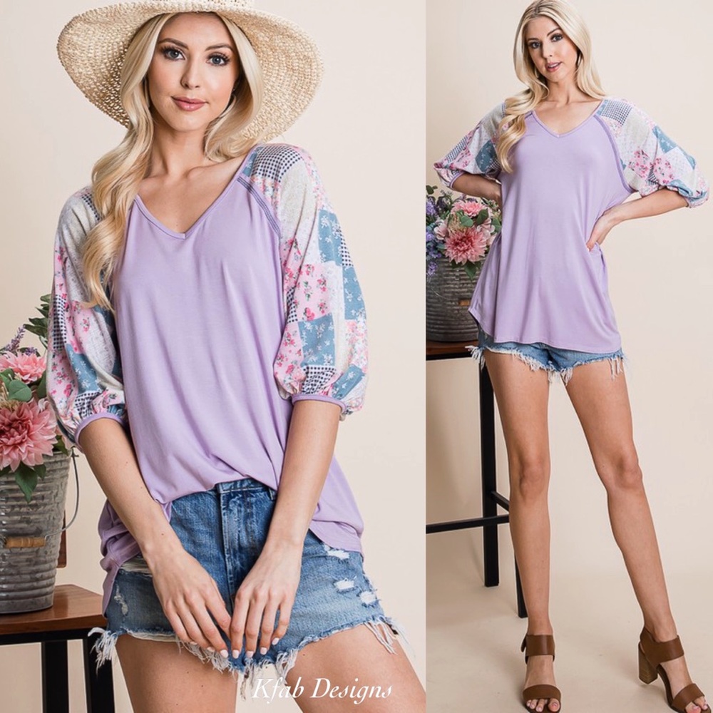 ❤️LAST 1! V Neck Lavender Contrast Patch Pattern Super Soft Top! - Picture 2 of 8